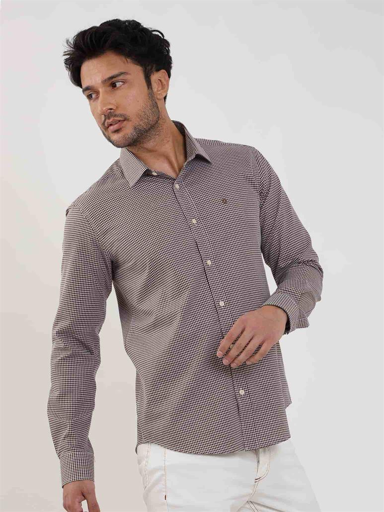 Kahverengi Erkek Slim Fit Puantiyeli Brent Yaka Uzun Kol Gömlek 