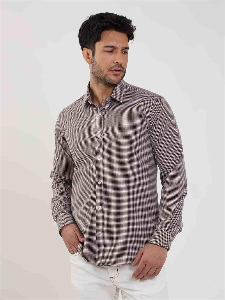 Kahverengi Erkek Slim Fit Puantiyeli Brent Yaka Uzun Kol Gömlek 