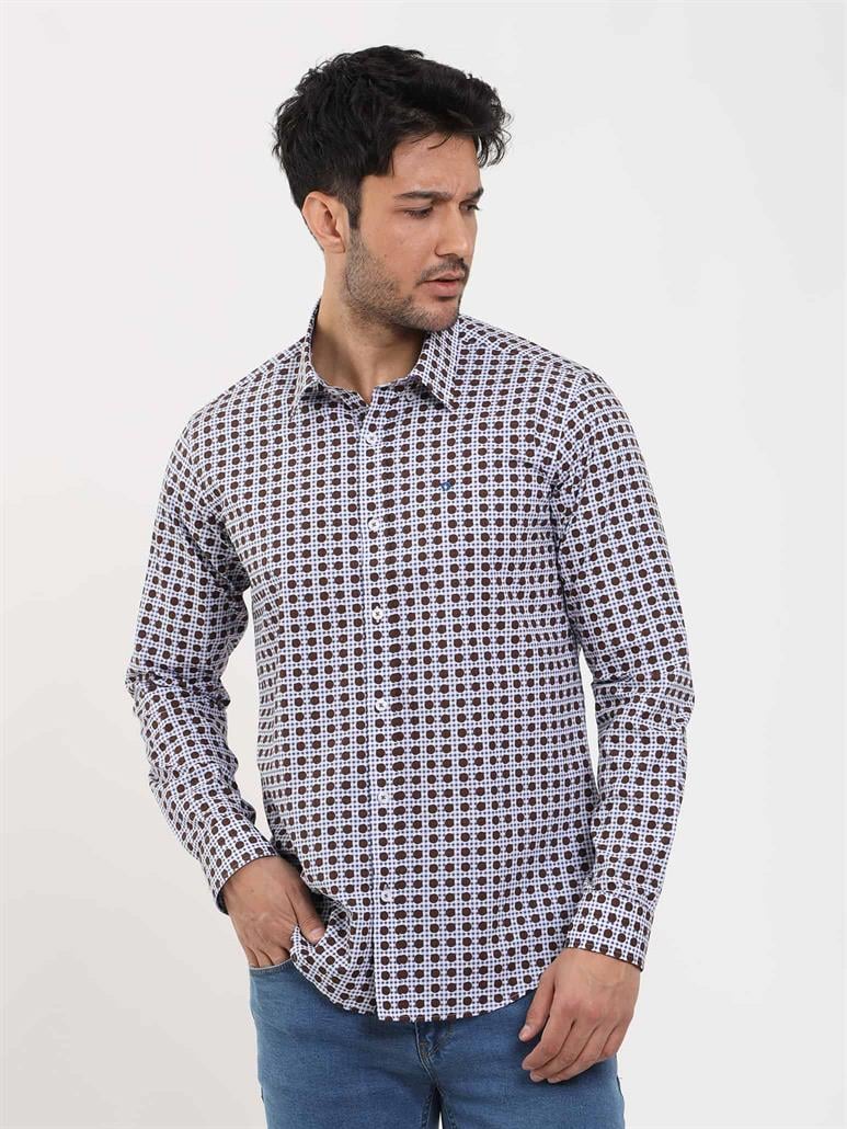 Kahverengi Erkek Slim Fit Puantiyeli Brent Düğmeli Yaka Uzun Kol Gömlek 