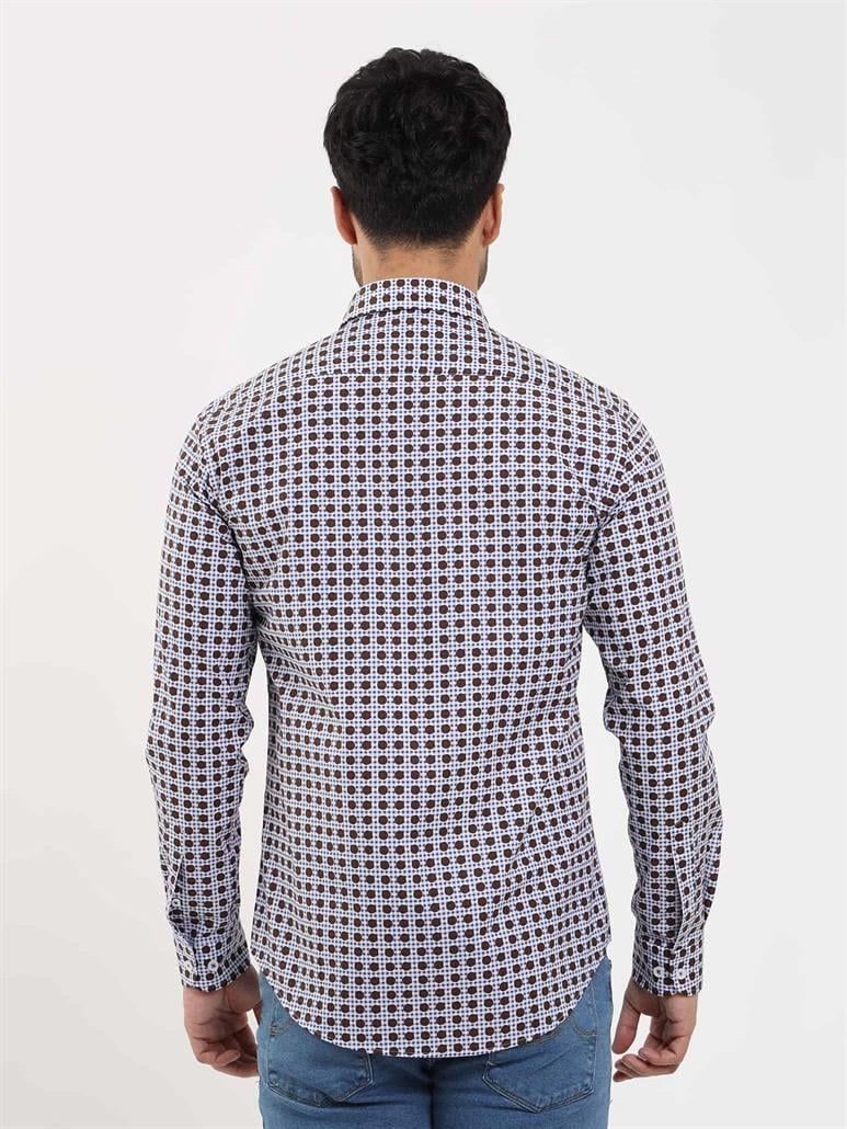 Kahverengi Erkek Slim Fit Puantiyeli Brent Düğmeli Yaka Uzun Kol Gömlek 