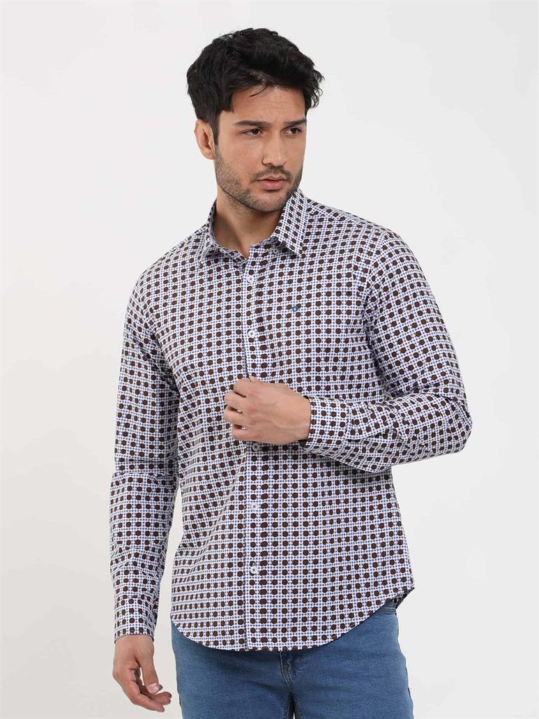 Kahverengi Erkek Slim Fit Puantiyeli Brent Düğmeli Yaka Uzun Kol Gömlek 