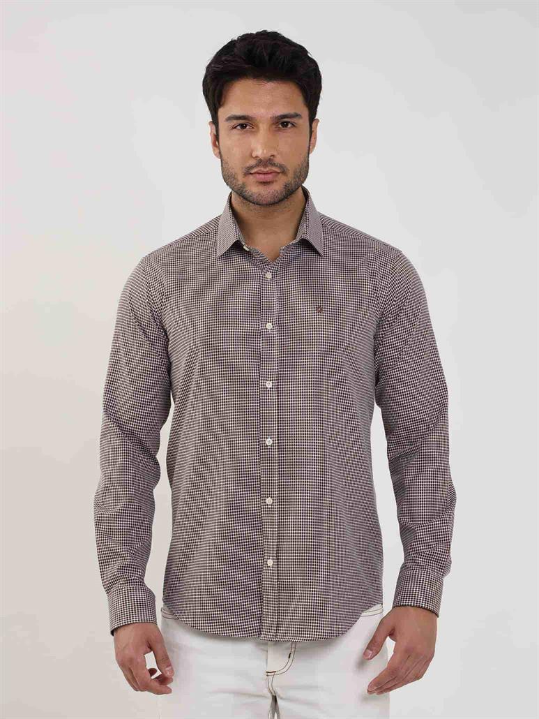 Kahverengi Erkek Slim Fit Puantiyeli Brent Yaka Uzun Kol Gömlek 