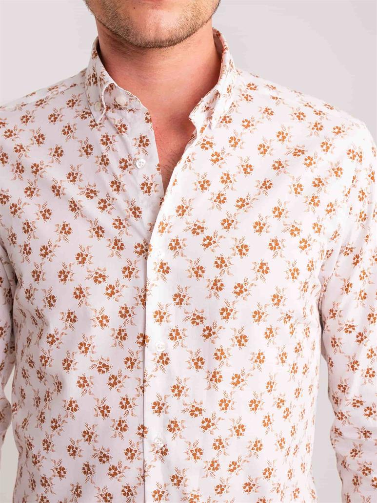 Kahverengi Erkek Slim Fit Yaprak Desenli Brent Düğmeli Yaka Uzun Kol Gömlek - 60707