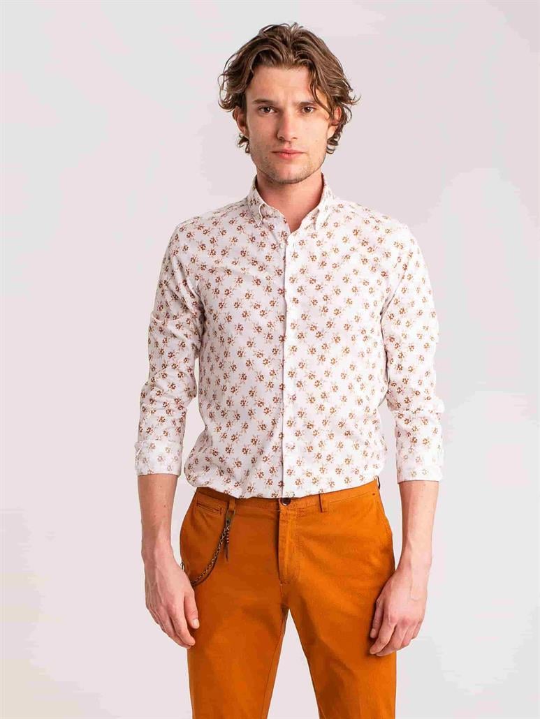 Kahverengi Erkek Slim Fit Yaprak Desenli Brent Düğmeli Yaka Uzun Kol Gömlek - 60707