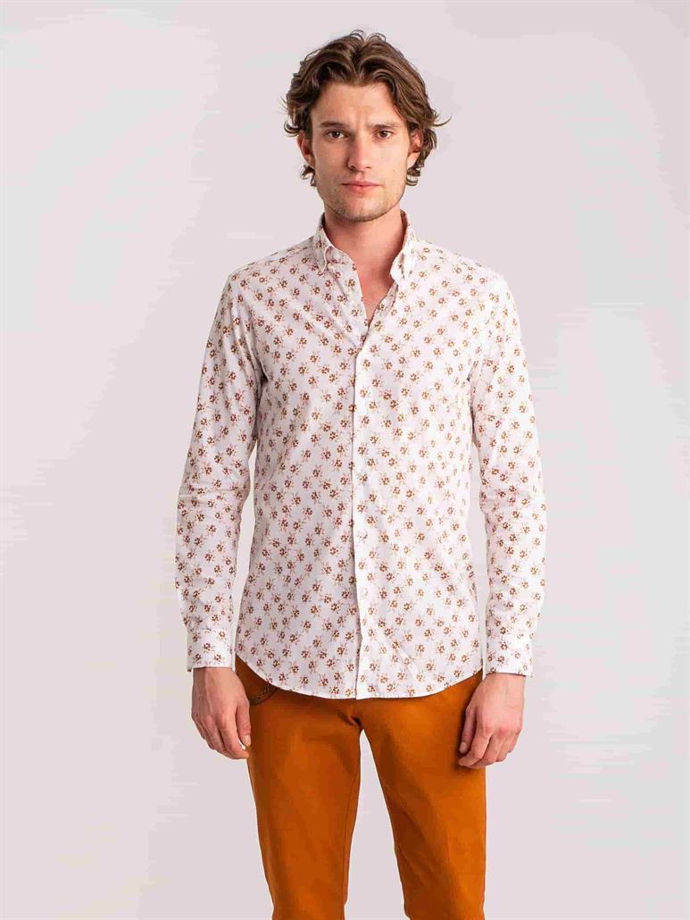 Kahverengi Erkek Slim Fit Yaprak Desenli Brent Düğmeli Yaka Uzun Kol Gömlek - 60707