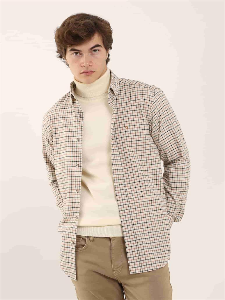 Kiremit Erkek Regular Fit Kareli Düğmeli Yaka Uzun Kol Oduncu Gömlek 