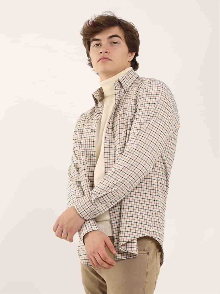 Kiremit Erkek Regular Fit Kareli Düğmeli Yaka Uzun Kol Oduncu Gömlek 