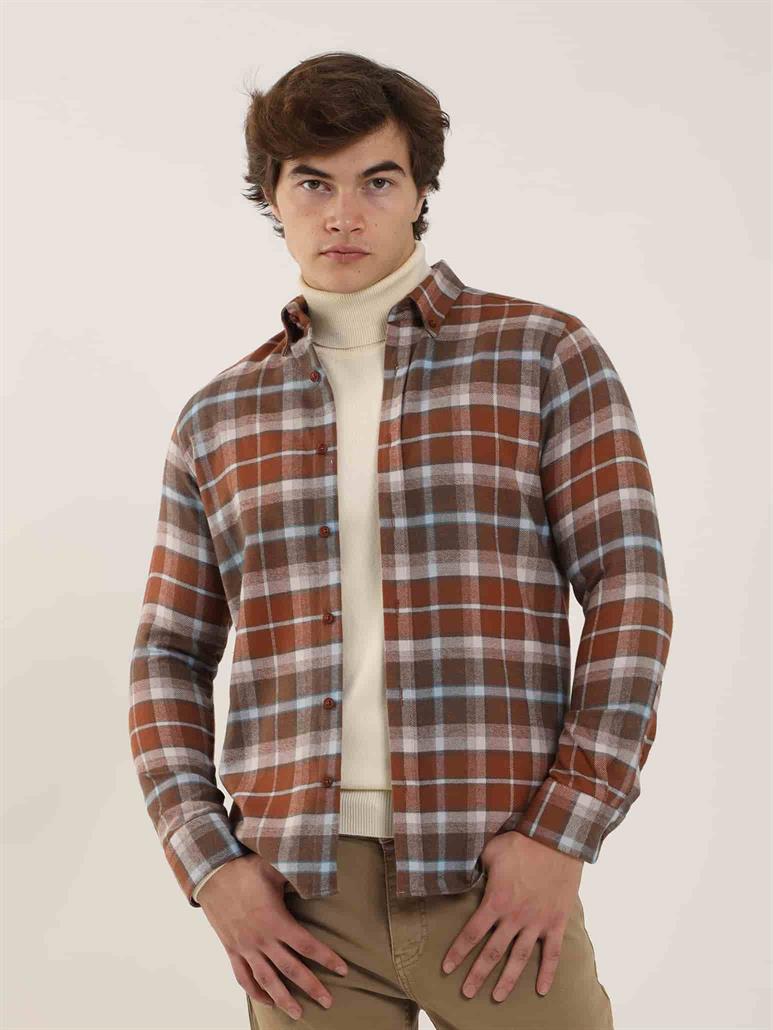 Kiremit Erkek Slim Fit Ekose Desenli Brent Düğmeli Yaka Uzun Kol Gömlek 