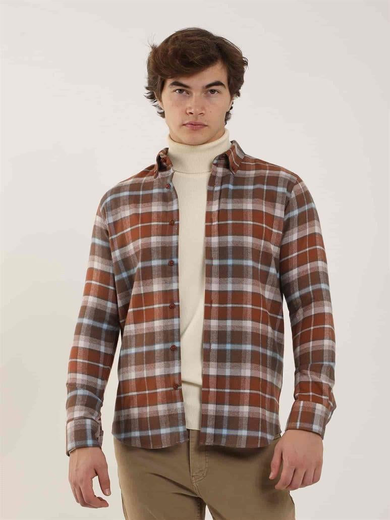 Kiremit Erkek Slim Fit Ekose Desenli Brent Düğmeli Yaka Uzun Kol Gömlek 