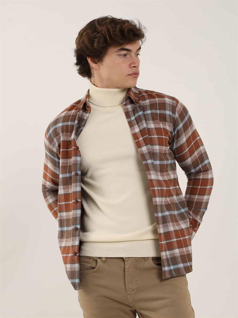 Kiremit Erkek Slim Fit Ekose Desenli Brent Düğmeli Yaka Uzun Kol Gömlek 