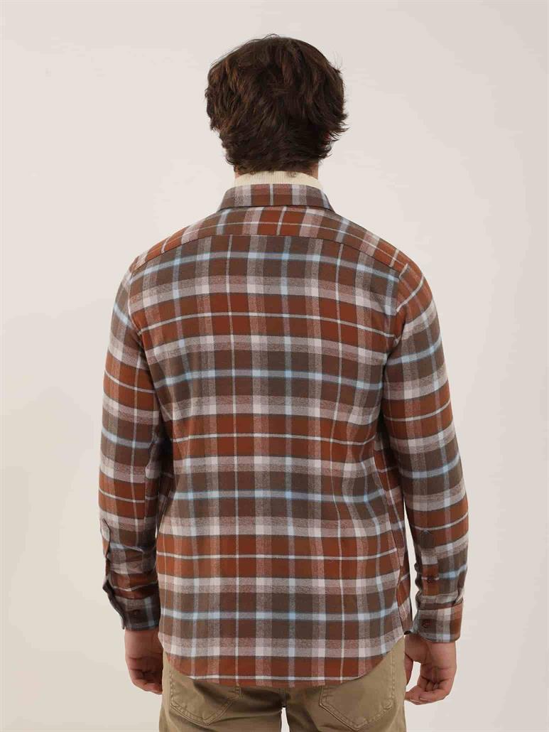 Kiremit Erkek Slim Fit Ekose Desenli Brent Düğmeli Yaka Uzun Kol Gömlek 