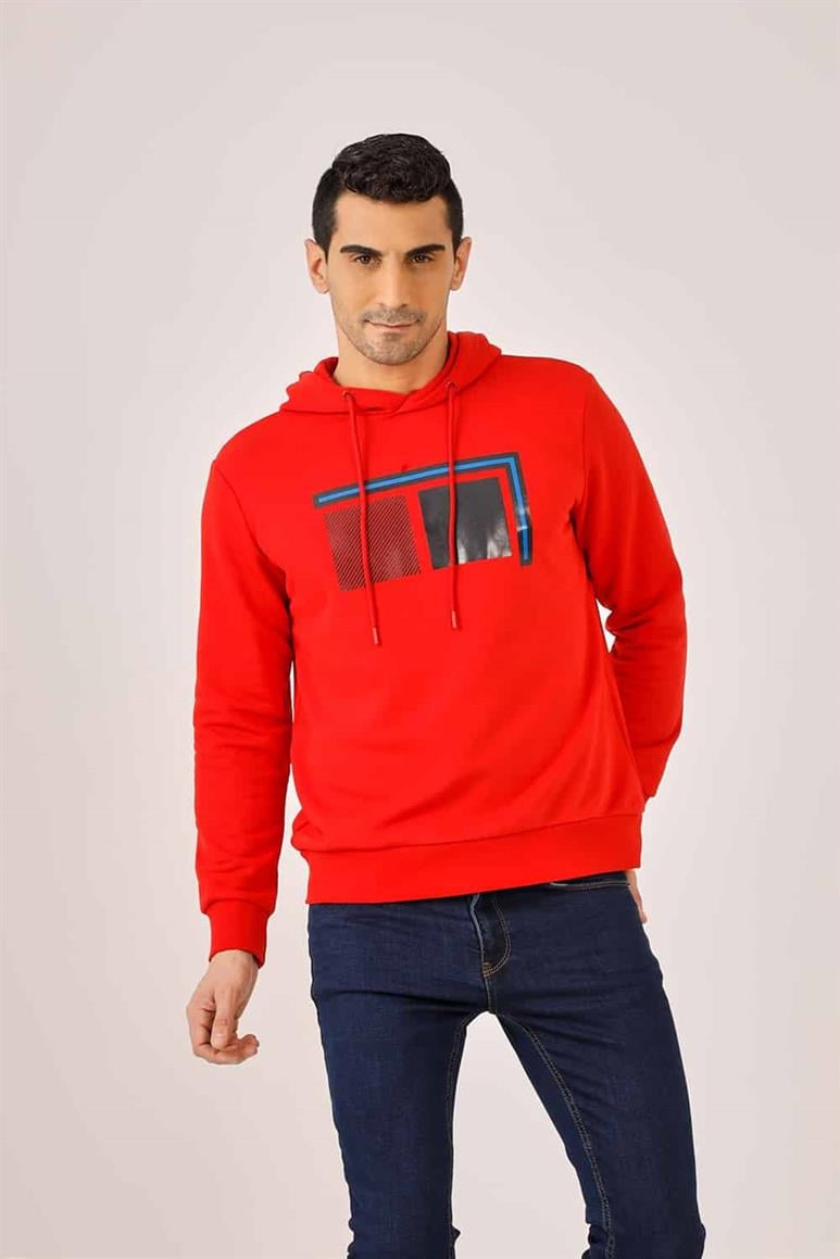 Kırmızı Erkek Regular Fit Baskılı  Kapüşonlu Sweatshirt 