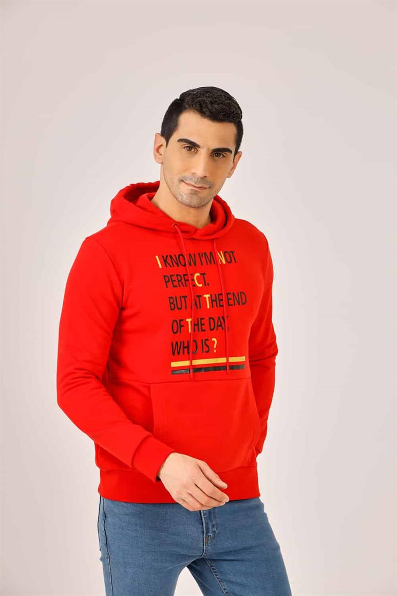 Kırmızı Erkek Regular Fit Baskılı Pamuklu Kapüşonlu Sweatshirt 