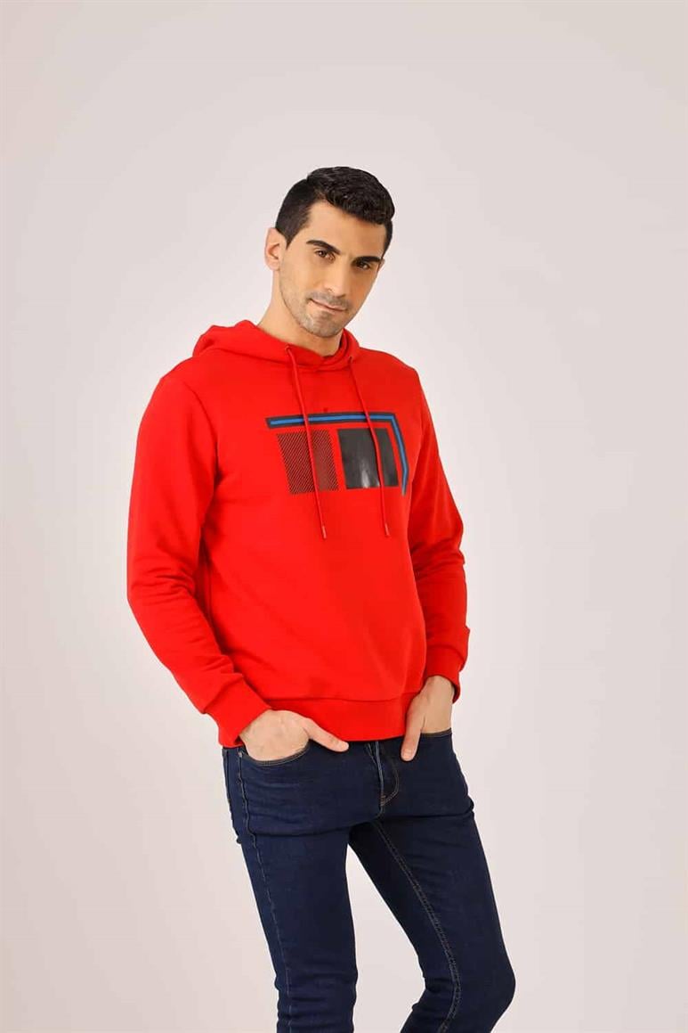Kırmızı Erkek Regular Fit Baskılı  Kapüşonlu Sweatshirt 