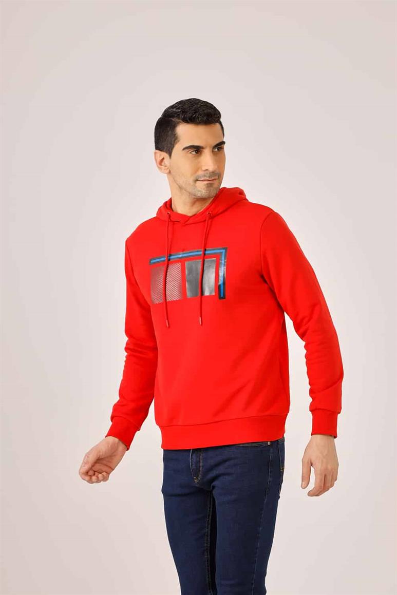 Kırmızı Erkek Regular Fit Baskılı  Kapüşonlu Sweatshirt 