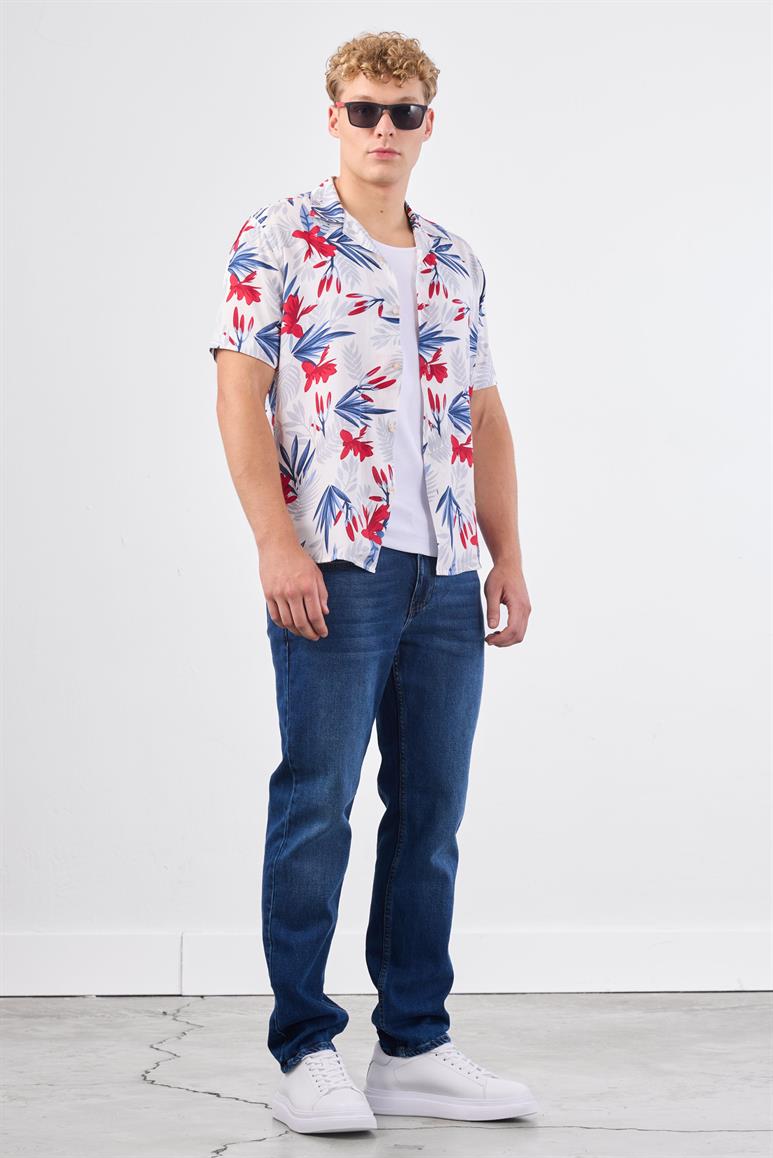 Kırmızı Erkek Regular Fit Çiçek Desenli Brent Alttan Düğmeli Yaka Kısa Kol Gömlek 