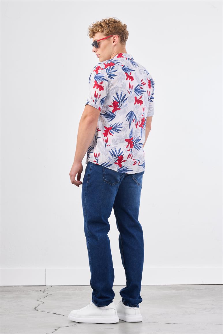 Kırmızı Erkek Regular Fit Çiçek Desenli Brent Alttan Düğmeli Yaka Kısa Kol Gömlek 