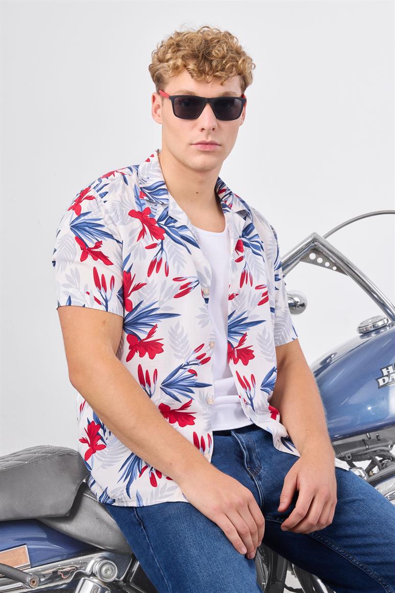 Erkek Regular Fit Apaç Yaka Kısa Kol Kırmızı Gömlek