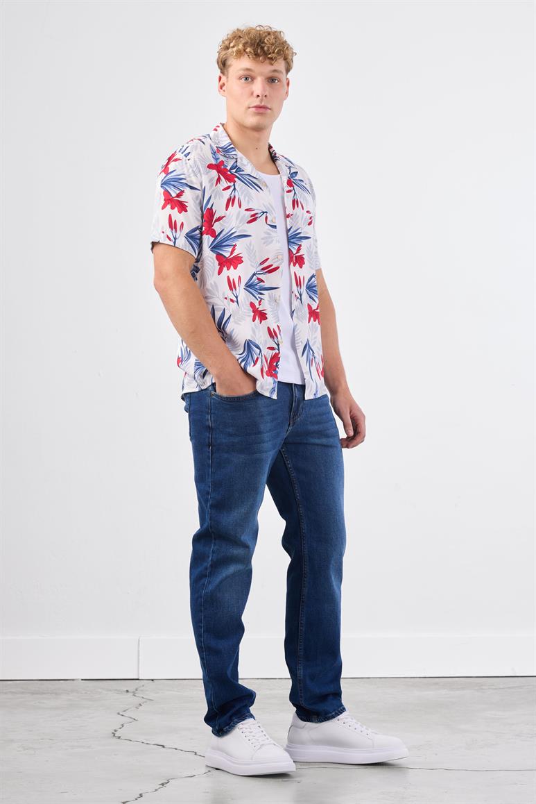 Kırmızı Erkek Regular Fit Çiçek Desenli Brent Alttan Düğmeli Yaka Kısa Kol Gömlek 