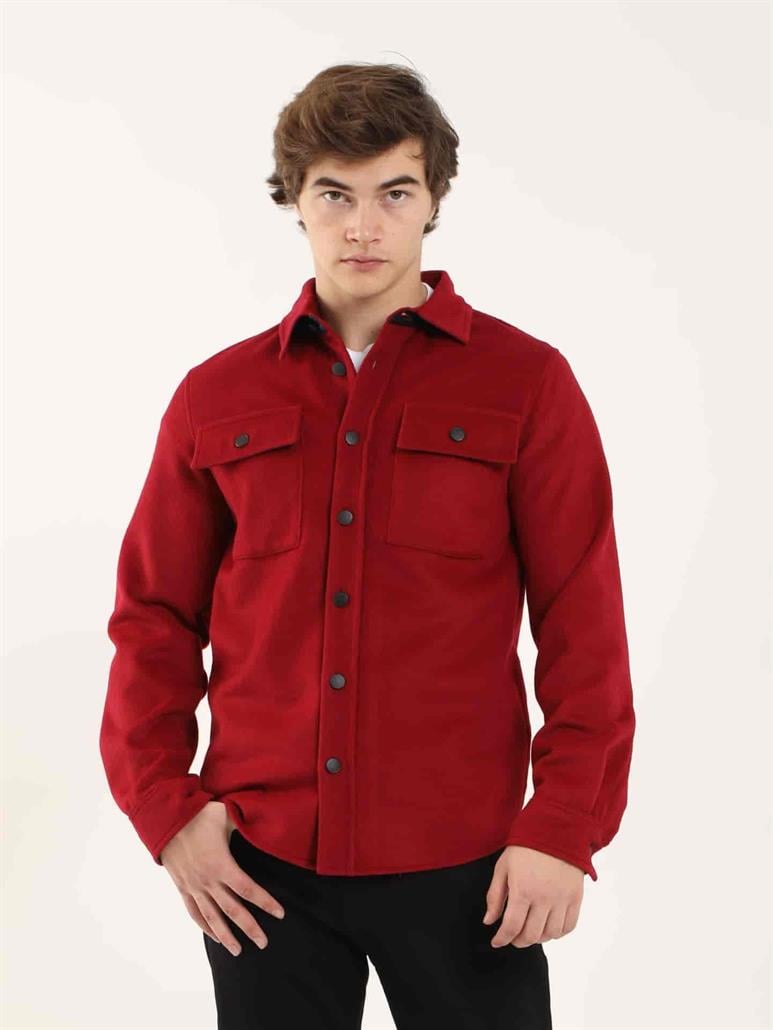 Kırmızı Erkek Regular Fit Düz Brent Yaka Uzun Kol Gömlek 