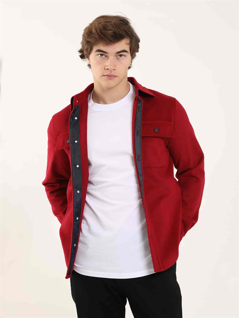 Kırmızı Erkek Regular Fit Düz Brent Yaka Uzun Kol Gömlek 