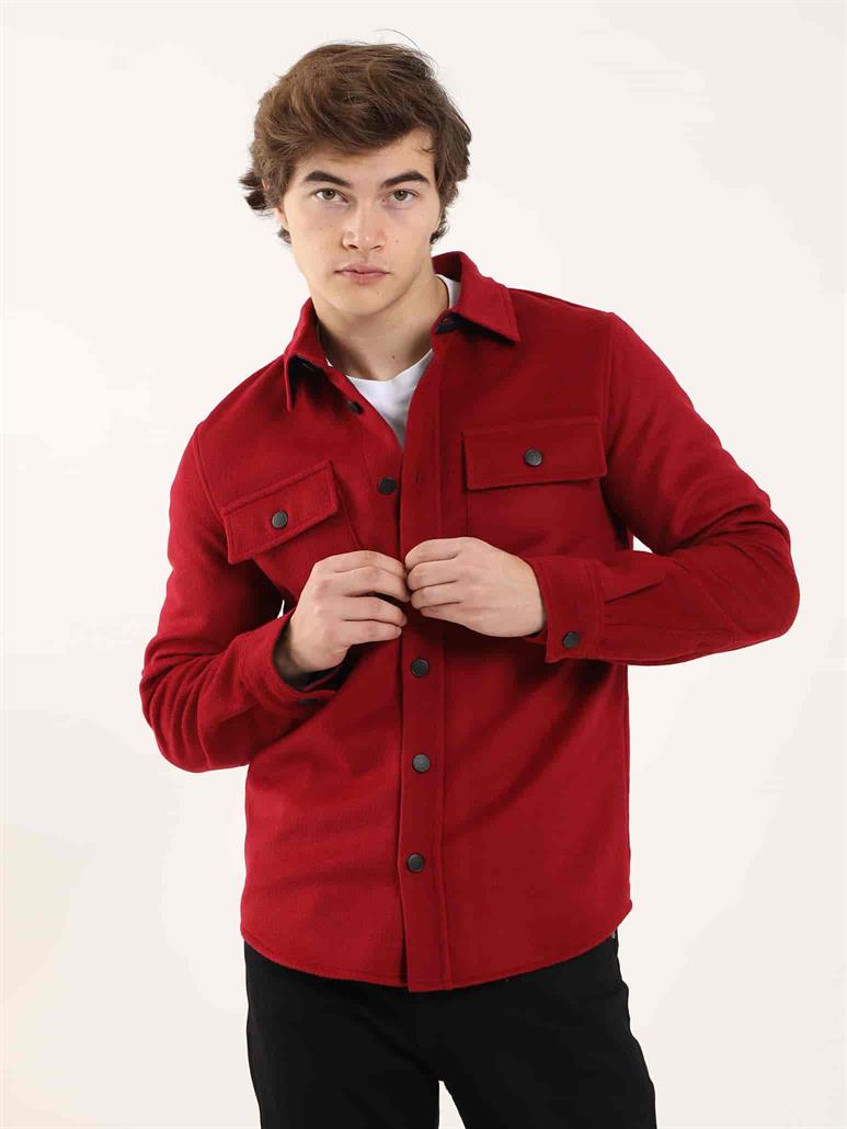Kırmızı Erkek Regular Fit Düz Brent Yaka Uzun Kol Gömlek 