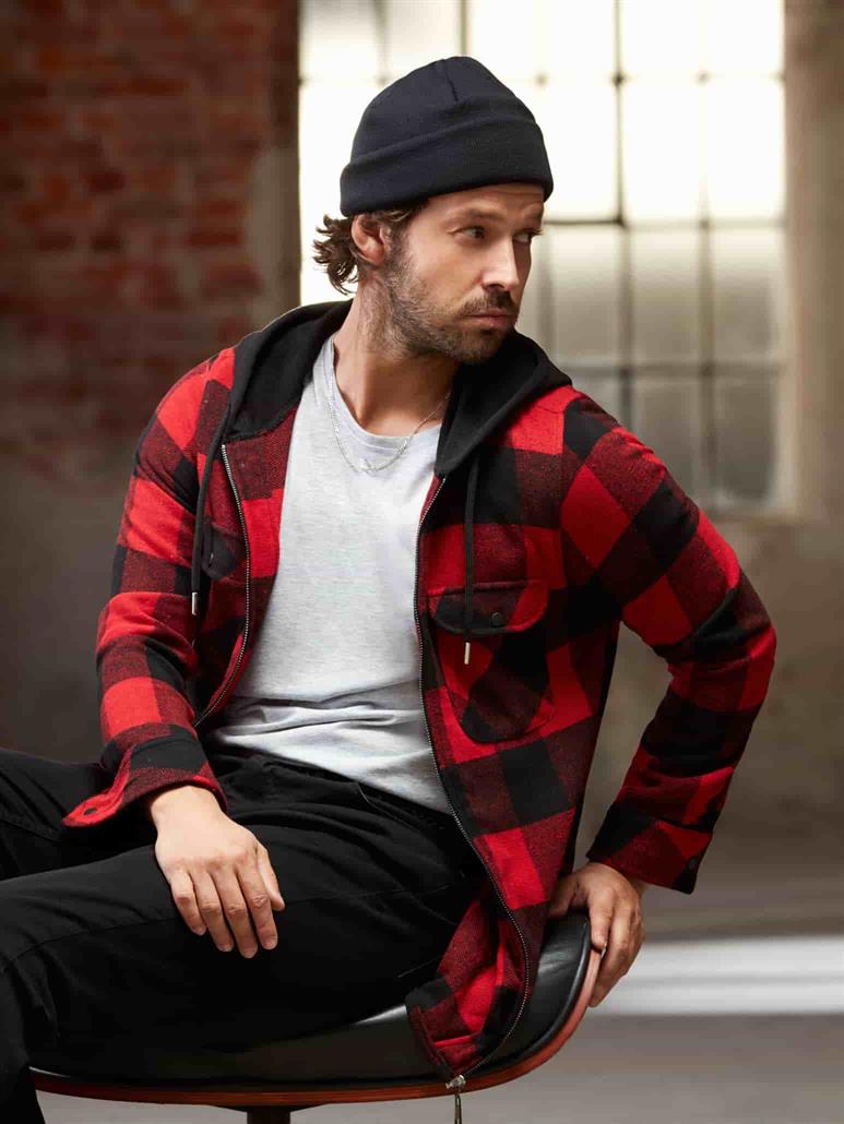 Kırmızı Erkek Regular Fit Kareli Fermuarlı Kapüşonlu Uzun Kol Oduncu Gömlek 