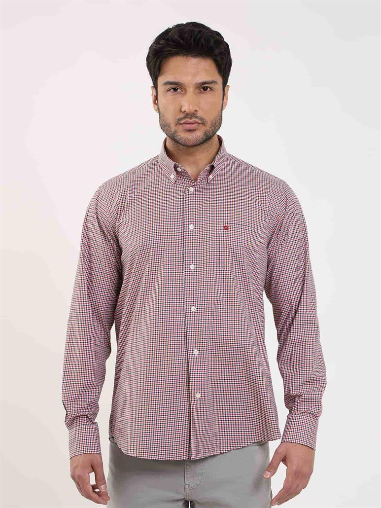 Kırmızı Erkek Regular Fit Pitikare Desenli Düğmeli Yaka Uzun Kol Gömlek 