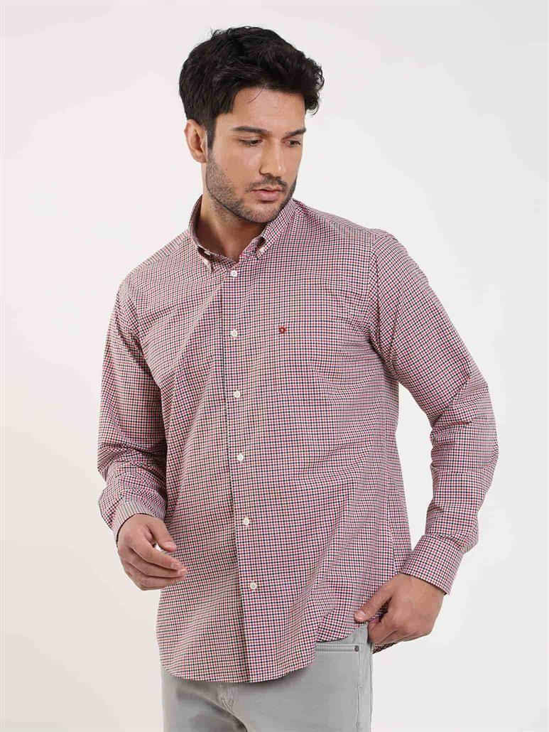Kırmızı Erkek Regular Fit Pitikare Desenli Düğmeli Yaka Uzun Kol Gömlek 