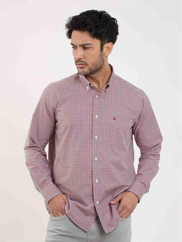 Kırmızı Erkek Regular Fit Pitikare Desenli Düğmeli Yaka Uzun Kol Gömlek 