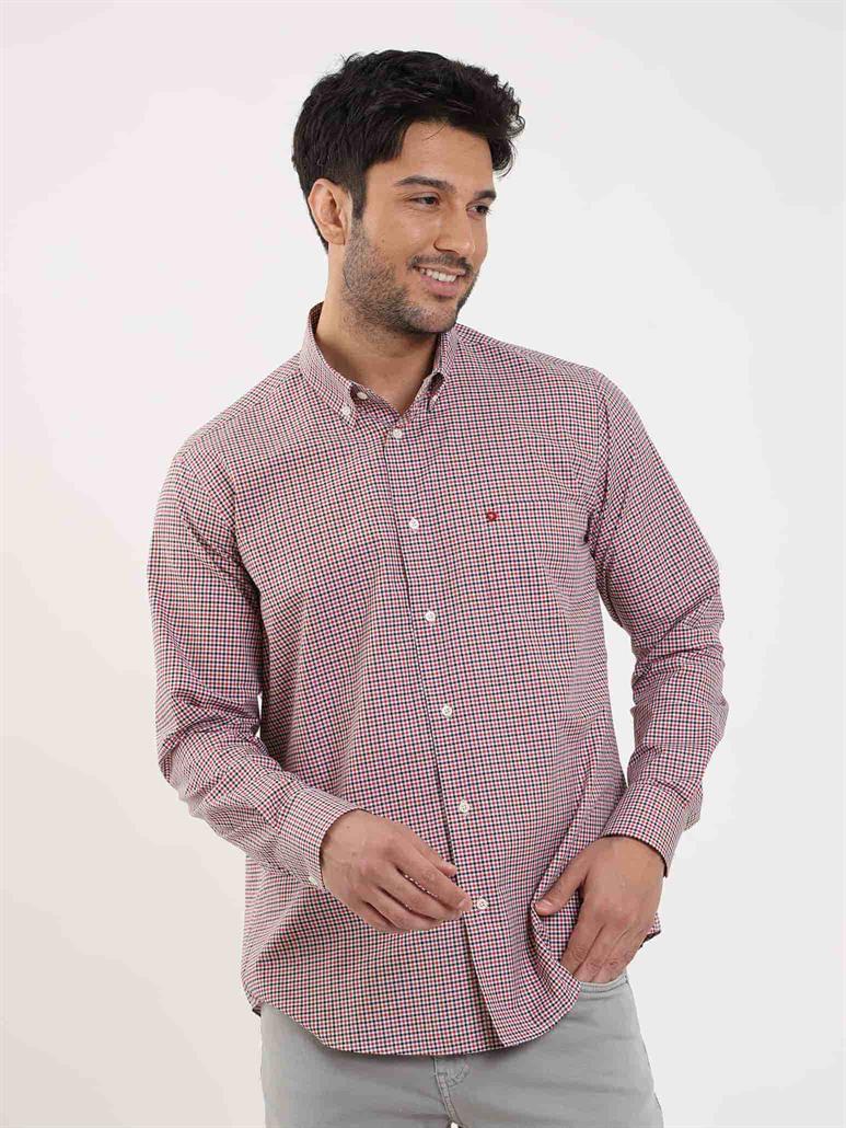 Kırmızı Erkek Regular Fit Pitikare Desenli Düğmeli Yaka Uzun Kol Gömlek 