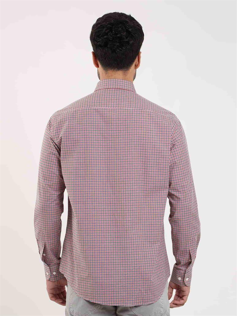 Kırmızı Erkek Regular Fit Pitikare Desenli Düğmeli Yaka Uzun Kol Gömlek 