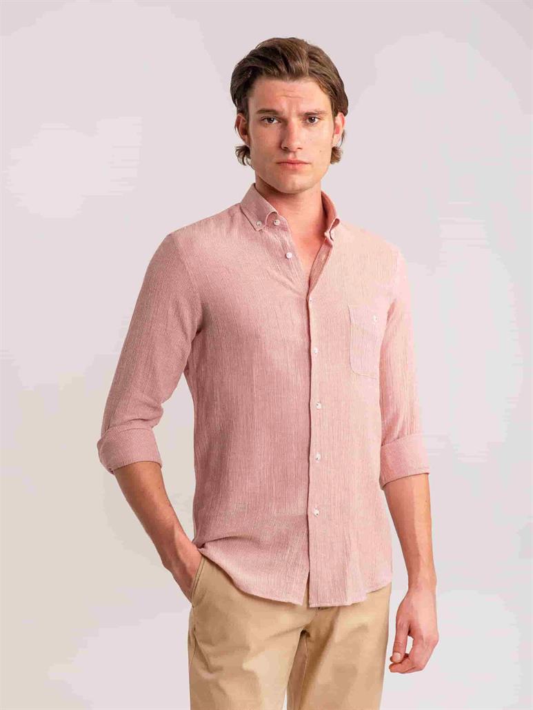 Kırmızı Erkek Slim Fit Çizgili Brent Düğmeli Yaka Uzun Kol Gömlek - 60811