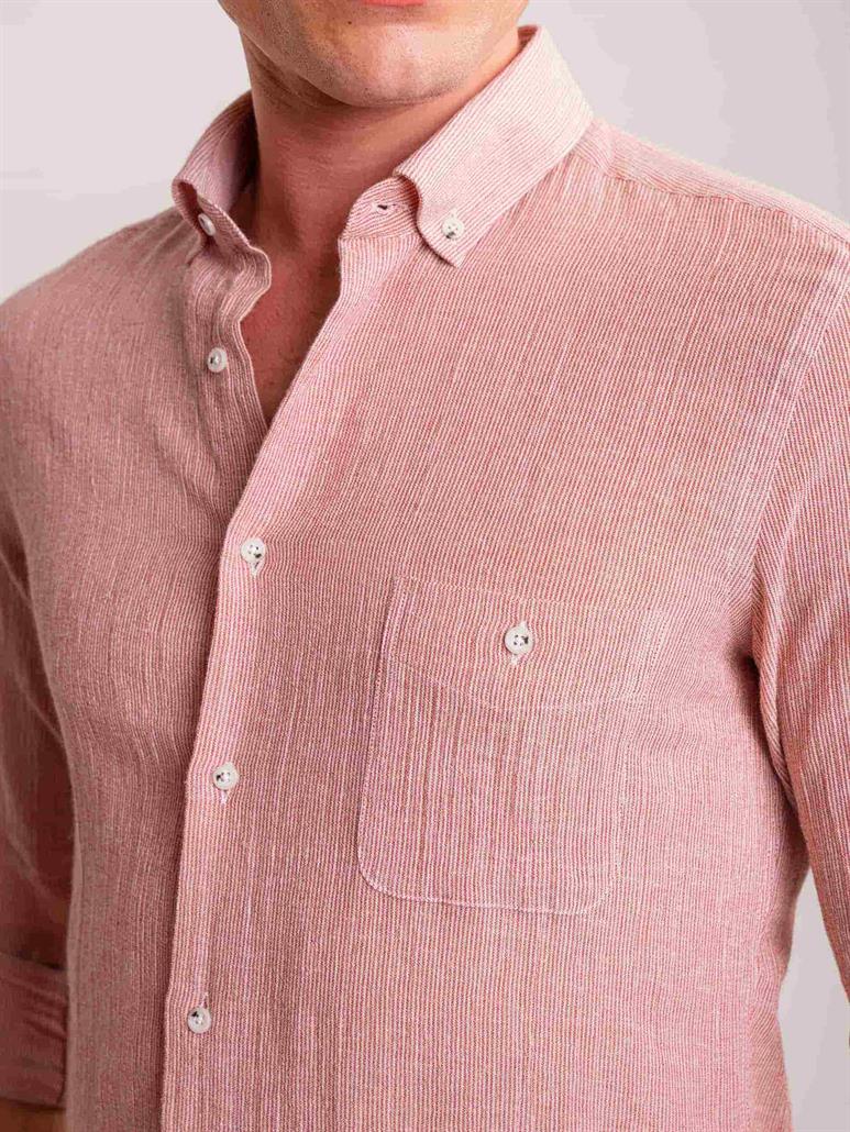 Kırmızı Erkek Slim Fit Çizgili Brent Düğmeli Yaka Uzun Kol Gömlek - 60811