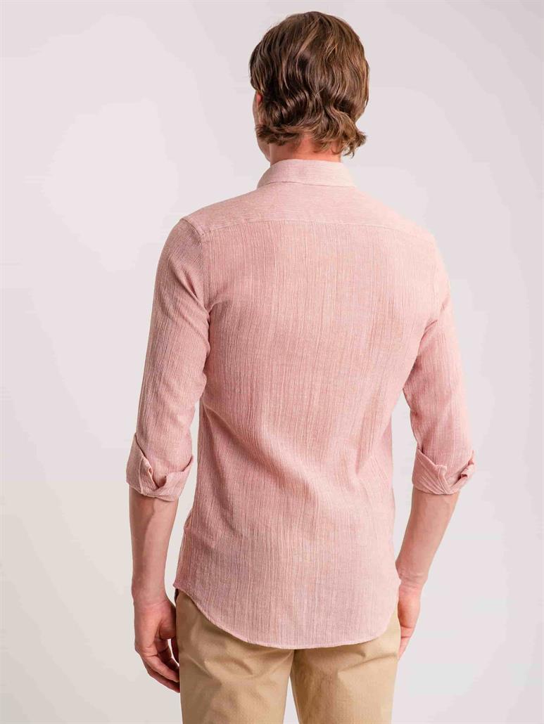 Kırmızı Erkek Slim Fit Çizgili Brent Düğmeli Yaka Uzun Kol Gömlek - 60811