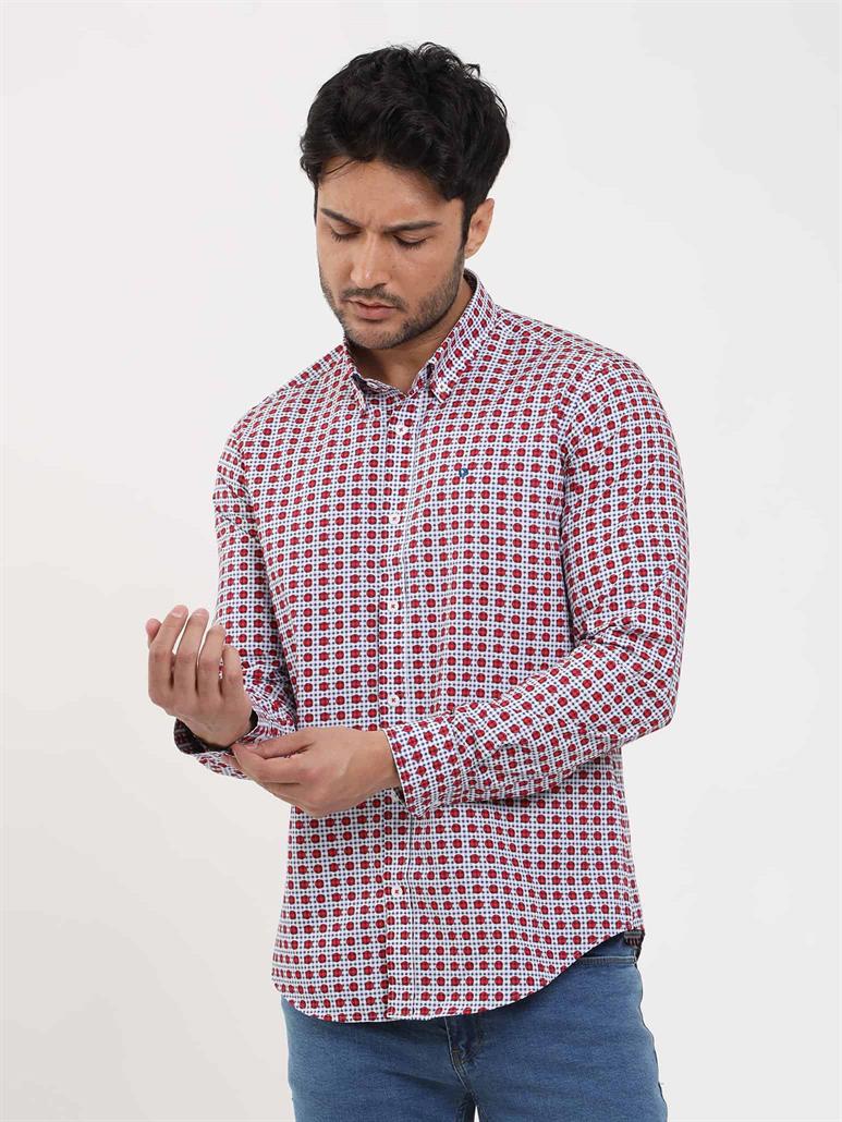 Kırmızı Erkek Slim Fit Puantiyeli Brent Düğmeli Yaka Uzun Kol Gömlek 
