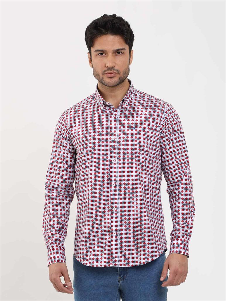 Kırmızı Erkek Slim Fit Puantiyeli Brent Düğmeli Yaka Uzun Kol Gömlek 