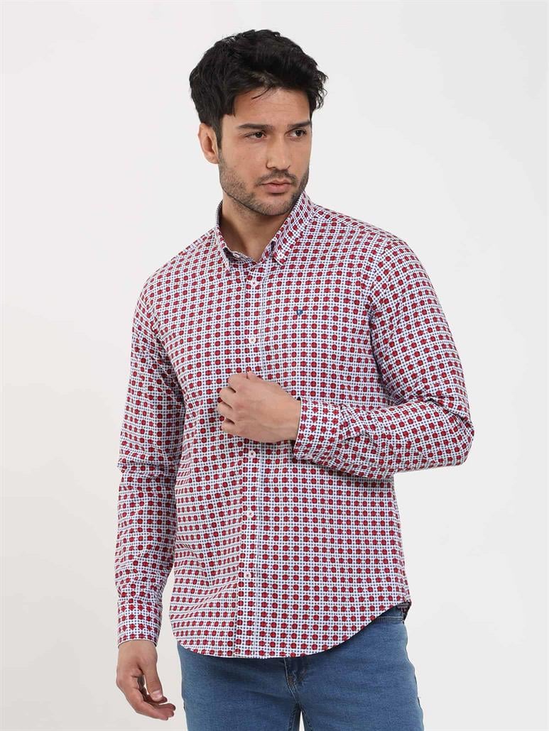 Kırmızı Erkek Slim Fit Puantiyeli Brent Düğmeli Yaka Uzun Kol Gömlek 