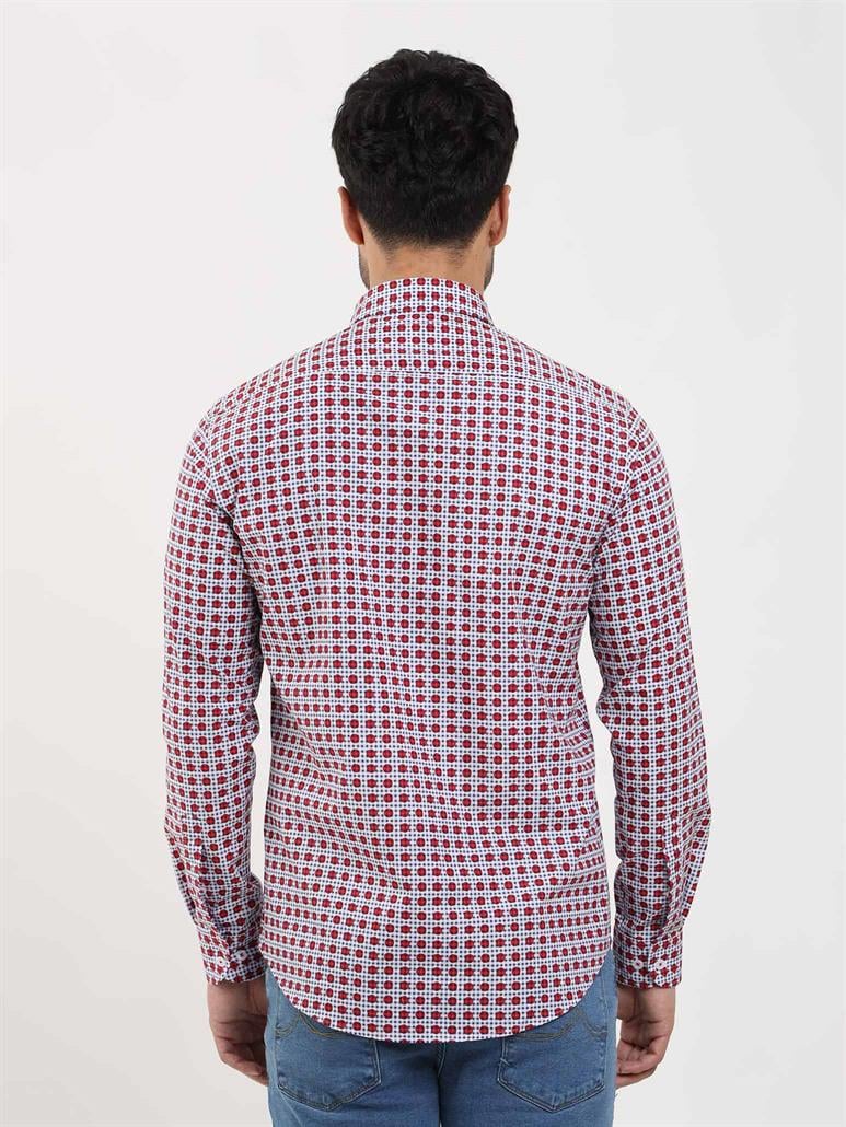 Kırmızı Erkek Slim Fit Puantiyeli Brent Düğmeli Yaka Uzun Kol Gömlek 