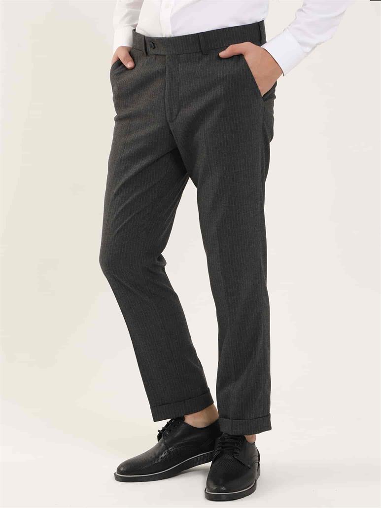 Koyu Gri Erkek Slim Fit Çizgili Klasik Pantolon 