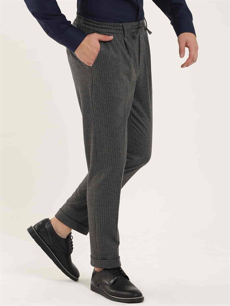 Koyu Gri Erkek Slim Fit Çizgili Klasik Pantolon 
