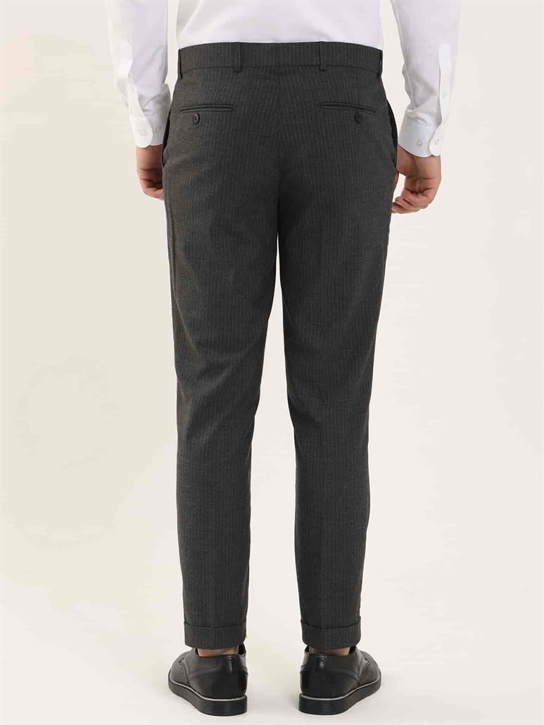 Koyu Gri Erkek Slim Fit Çizgili Klasik Pantolon 