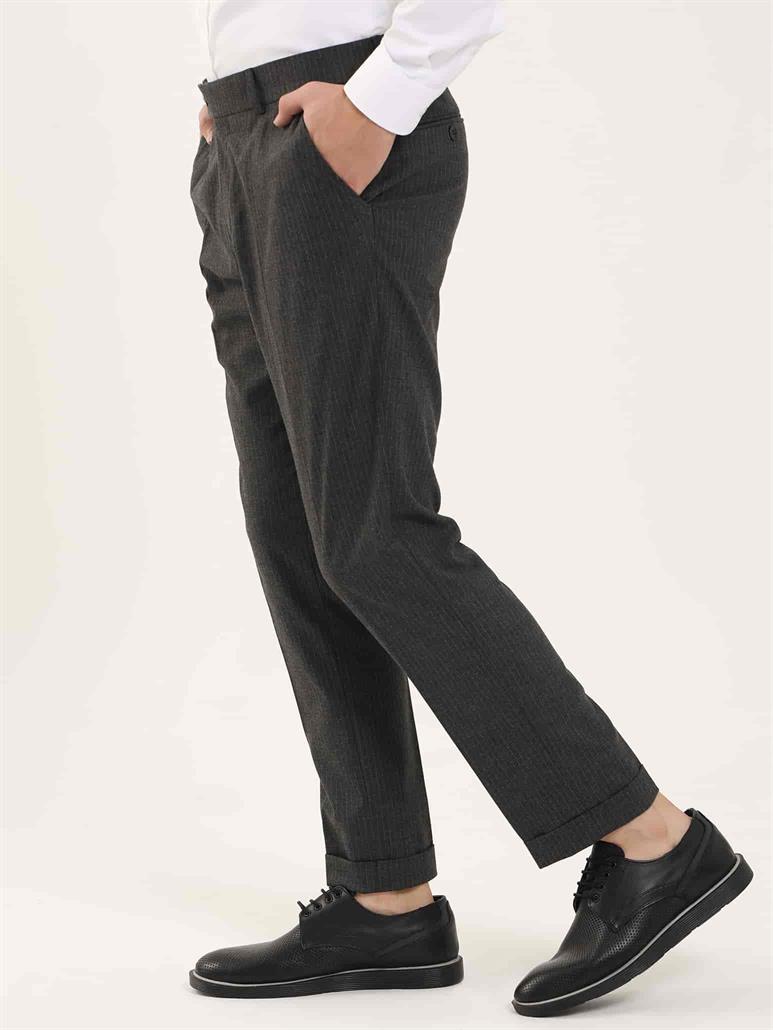 Koyu Gri Erkek Slim Fit Çizgili Klasik Pantolon 