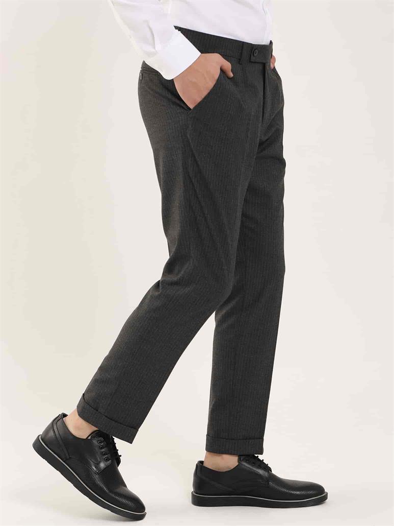 Koyu Gri Erkek Slim Fit Çizgili Klasik Pantolon 