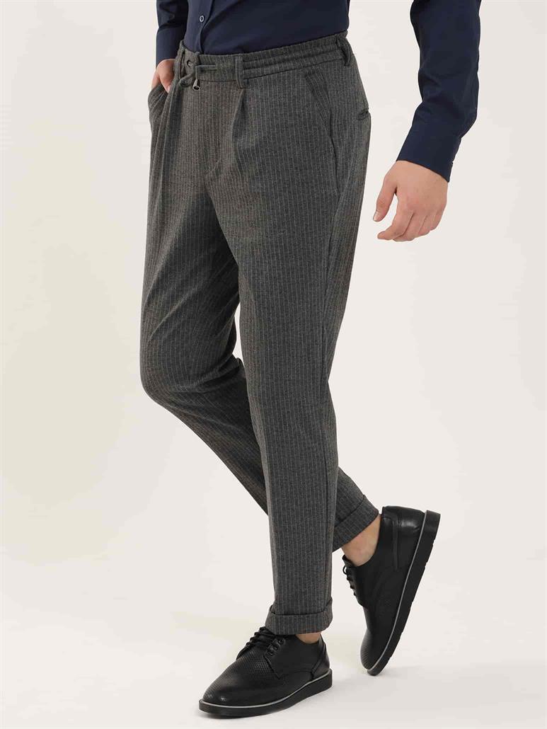 Koyu Gri Erkek Slim Fit Çizgili Klasik Pantolon 