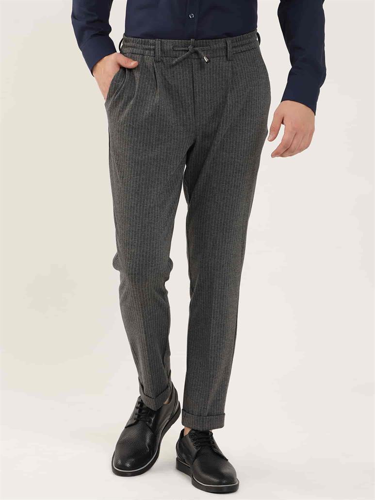 Koyu Gri Erkek Slim Fit Çizgili Klasik Pantolon 