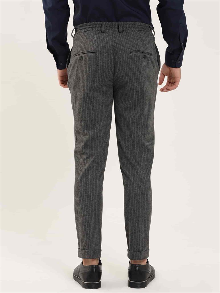 Koyu Gri Erkek Slim Fit Çizgili Klasik Pantolon 