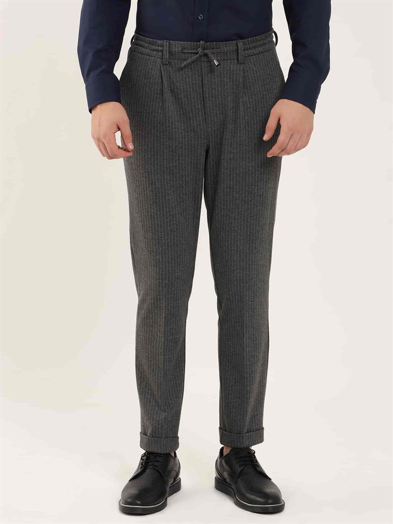 Koyu Gri Erkek Slim Fit Çizgili Klasik Pantolon 