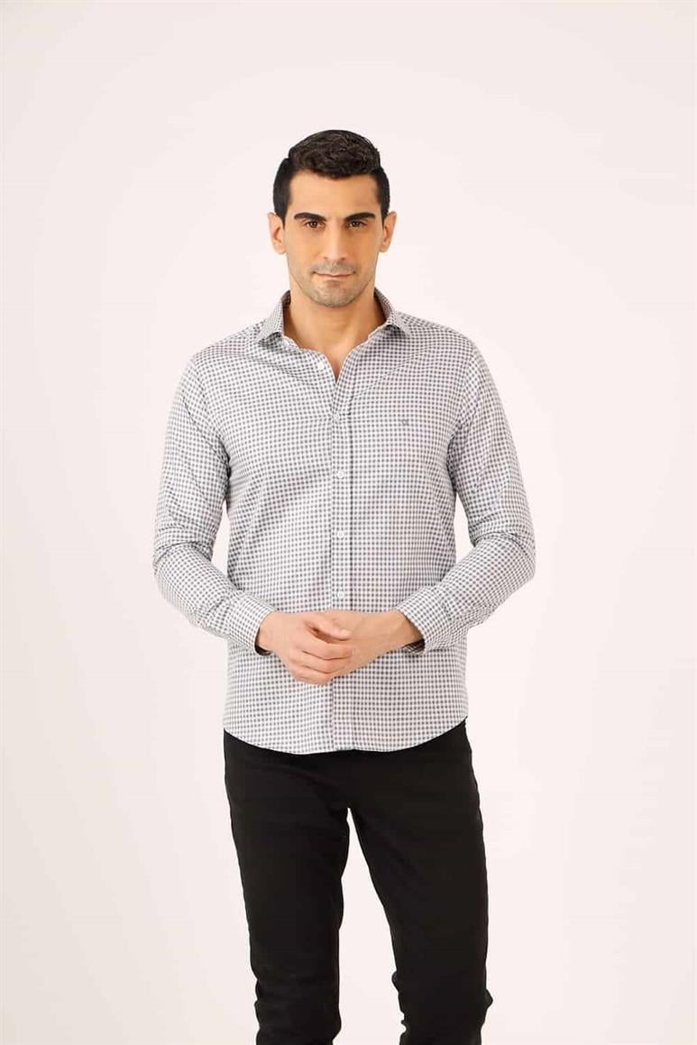 Koyu Gri Erkek Slim Fit Ekose Desenli Yarım İtalyan Yaka Uzun Kol Gömlek - 90539