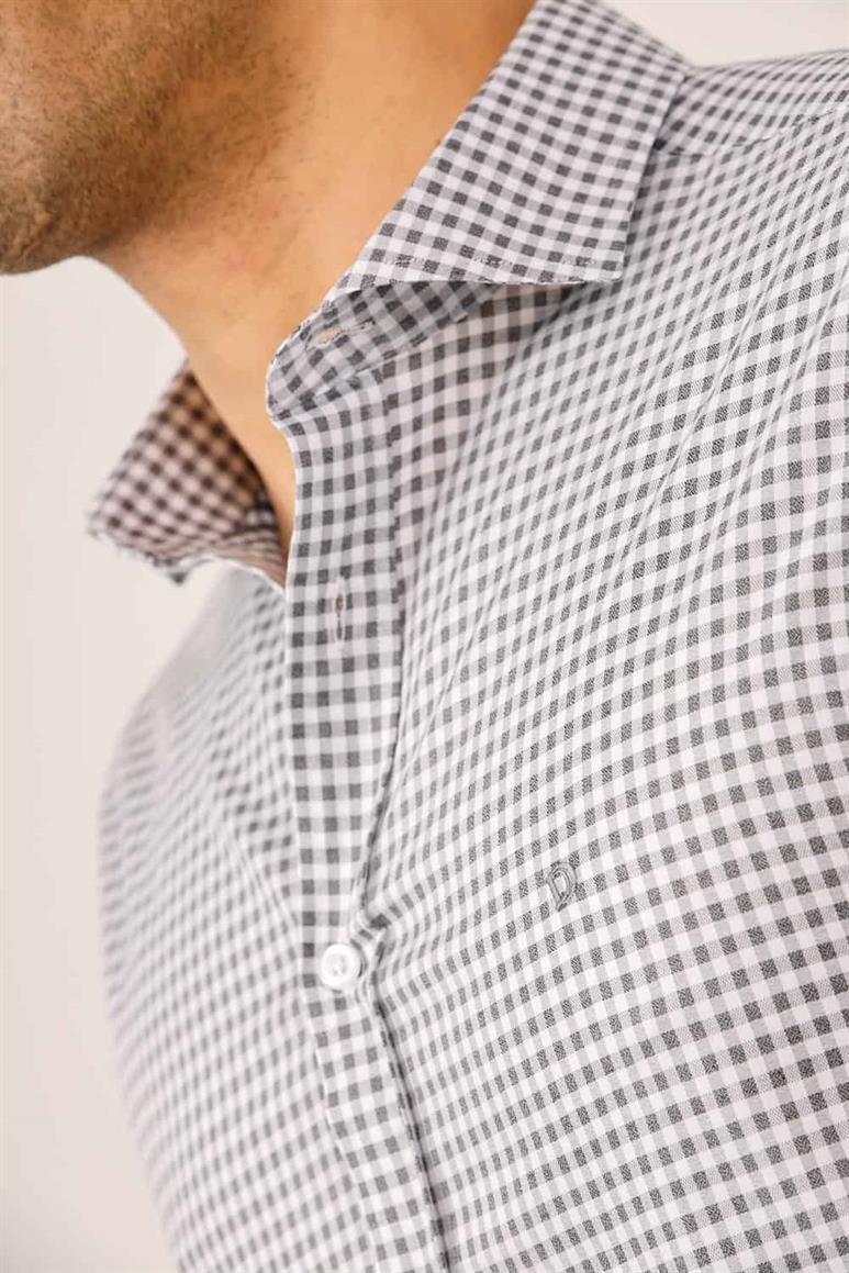 Koyu Gri Erkek Slim Fit Ekose Desenli Yarım İtalyan Yaka Uzun Kol Gömlek - 90539